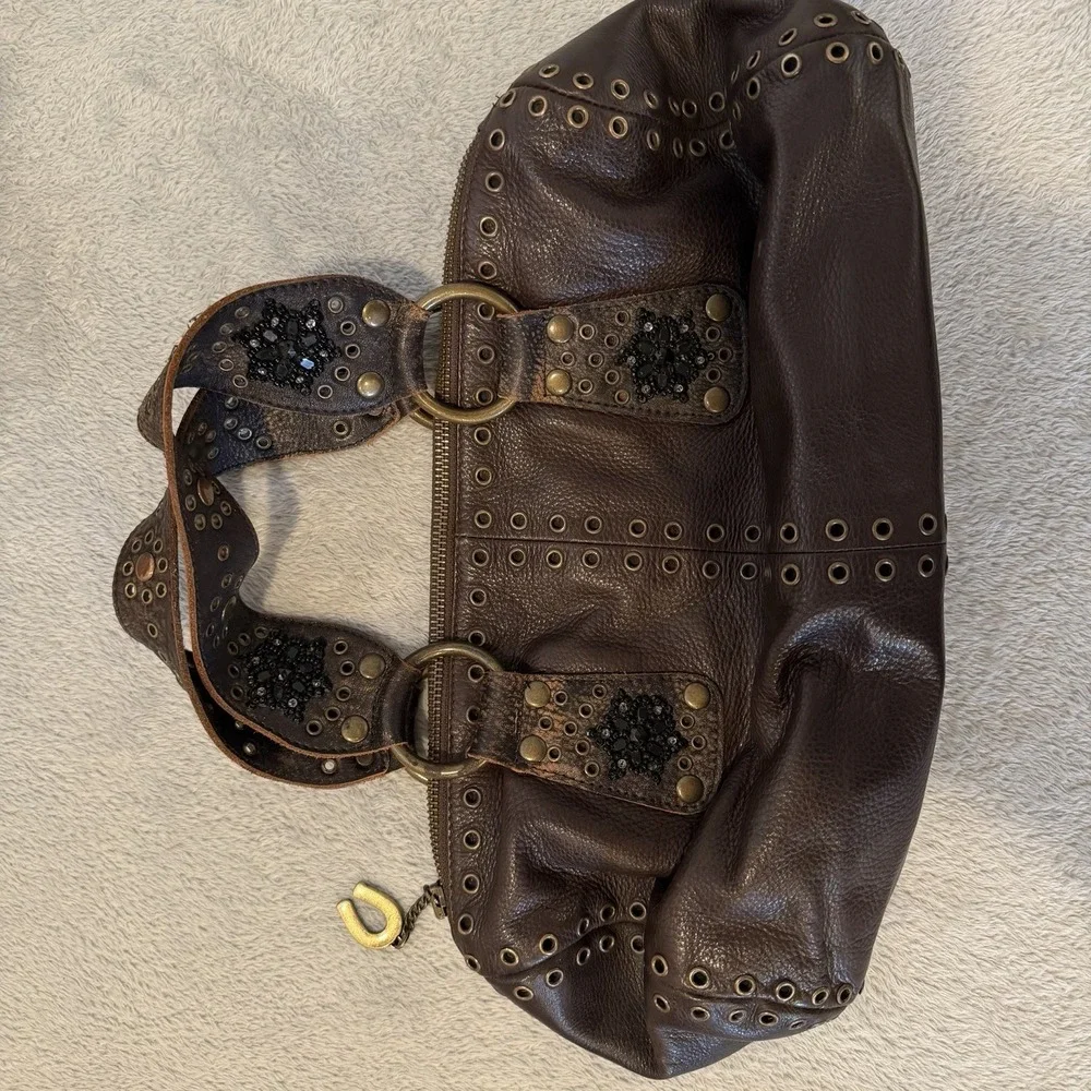 Vintage Betsey Johnson Shoulder Bag Brown Leather Medium Studded Hobo Purse Y2K